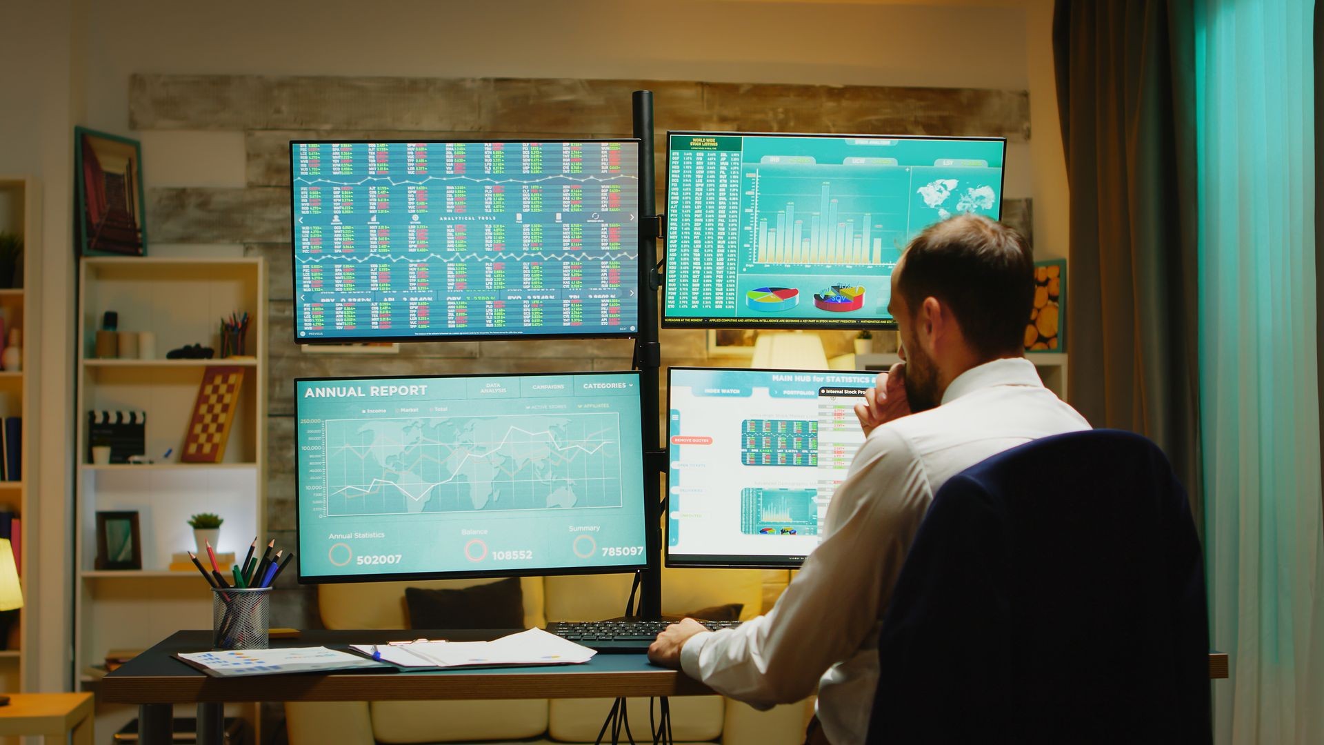 A person standing in front of a large screen displaying charts and data, with various city skylines or property images subtly integrated into the background, representing a blend of data-driven analysis and market knowledge.