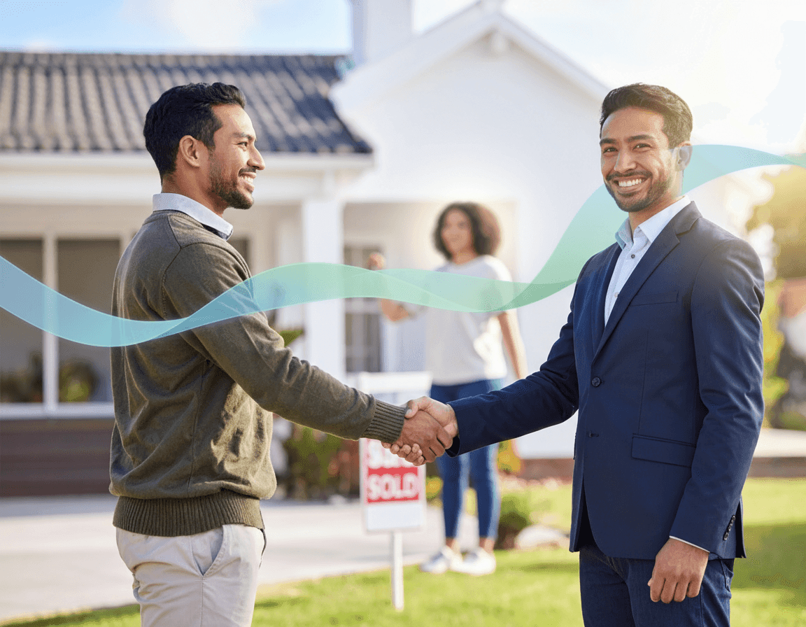 Two people shaking hands in front of a newly sold house with a "Sold" sign, while another person in the background is shown getting their keys, symbolizing a smooth and supportive transition for both buying and selling.
