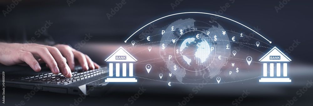 An image of a digital banking interface with currency symbols and arrows showing the flow of money, indicating smooth financial transactions and fund transfers.